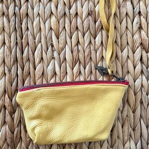Yellow Leather Wristlet Pouch with Red Zip